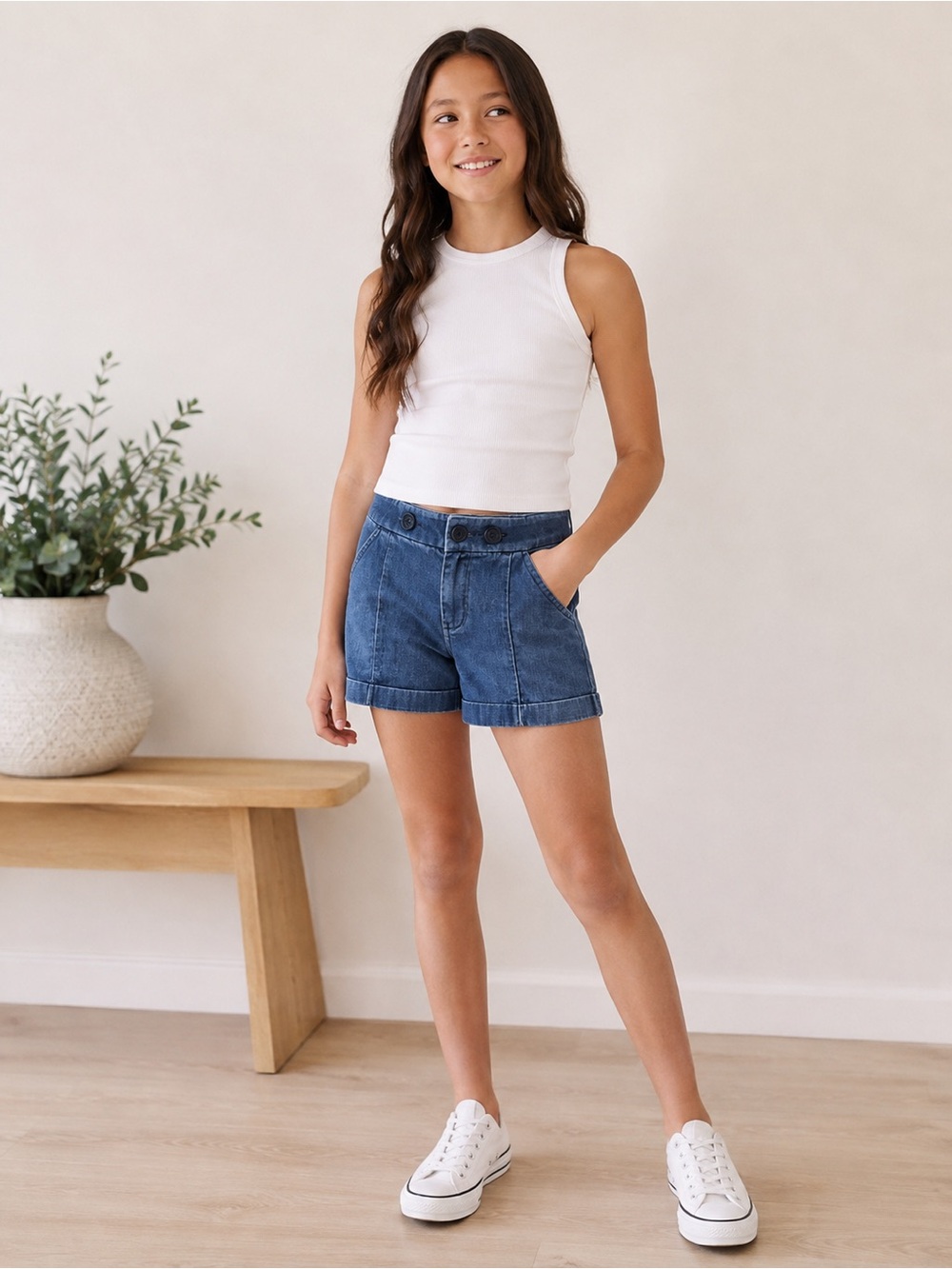 Zara Girls' Roll-Cuff Shorts - Blue Sz 9/10 structured casual preppy 100% cotton